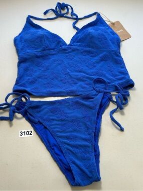 Samiol Blue Tropical Floral Terry Halter Strap Tankini Bikini Set Size Large